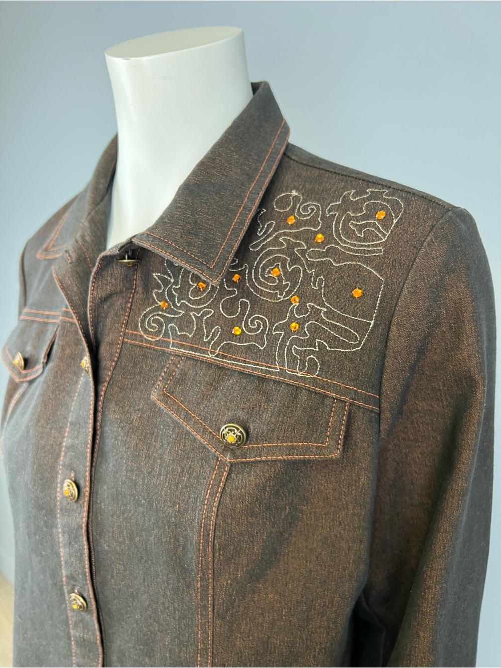 Embellished Brown Women's Jacket with Orange Stitching and rhinestones